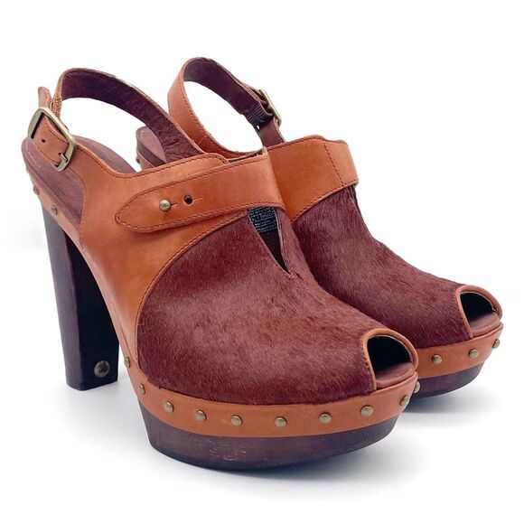 UGG Nicco Leather Calf Hair Platform Peep Toe Slingback Sandal Brown Size 8.5 - Picture 6 of 16